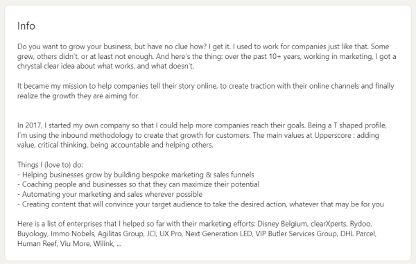 LinkedIn info about us section